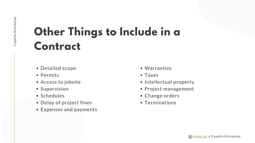 Other Things to Include in a Contract | Trade Agreements Vs. What to Include, and When to Use Which | Fohlio | interior design and construction contract | contractor contract | FF&E software