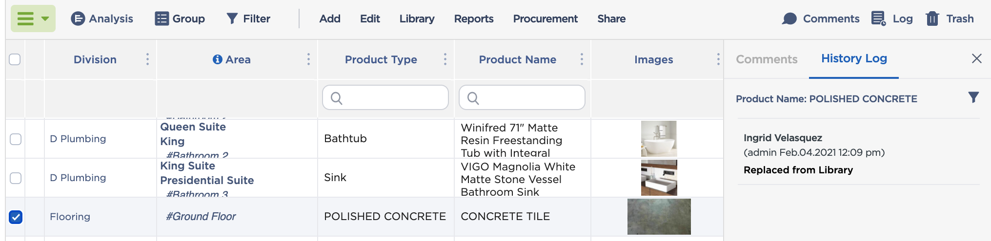 spec sheet history log | FF&E history log | FF&E schedule history log Fohlio