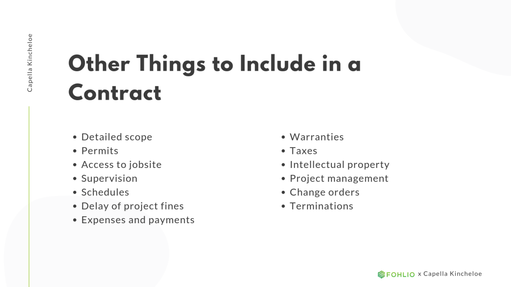 Other Things to Include in a Contract | Trade Agreements Vs. What to Include, and When to Use Which | Fohlio | interior design and construction contract | contractor contract | FF&E software