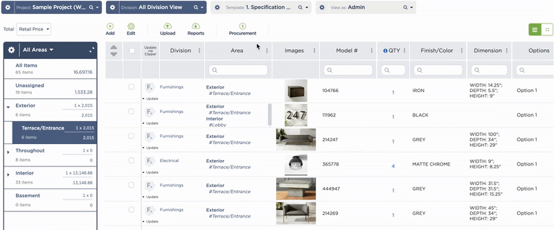 Streamline FF&E specification and procurement workflows |  Fohlio product information management software | digital materials software 
