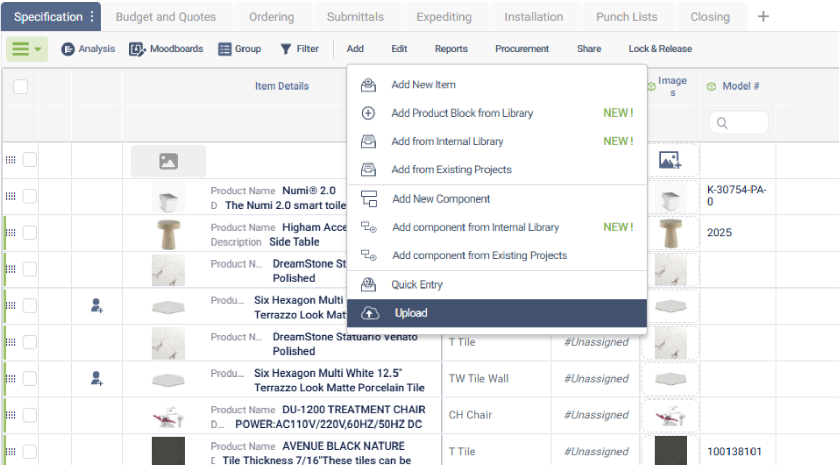 Specification tabs of the procurement process