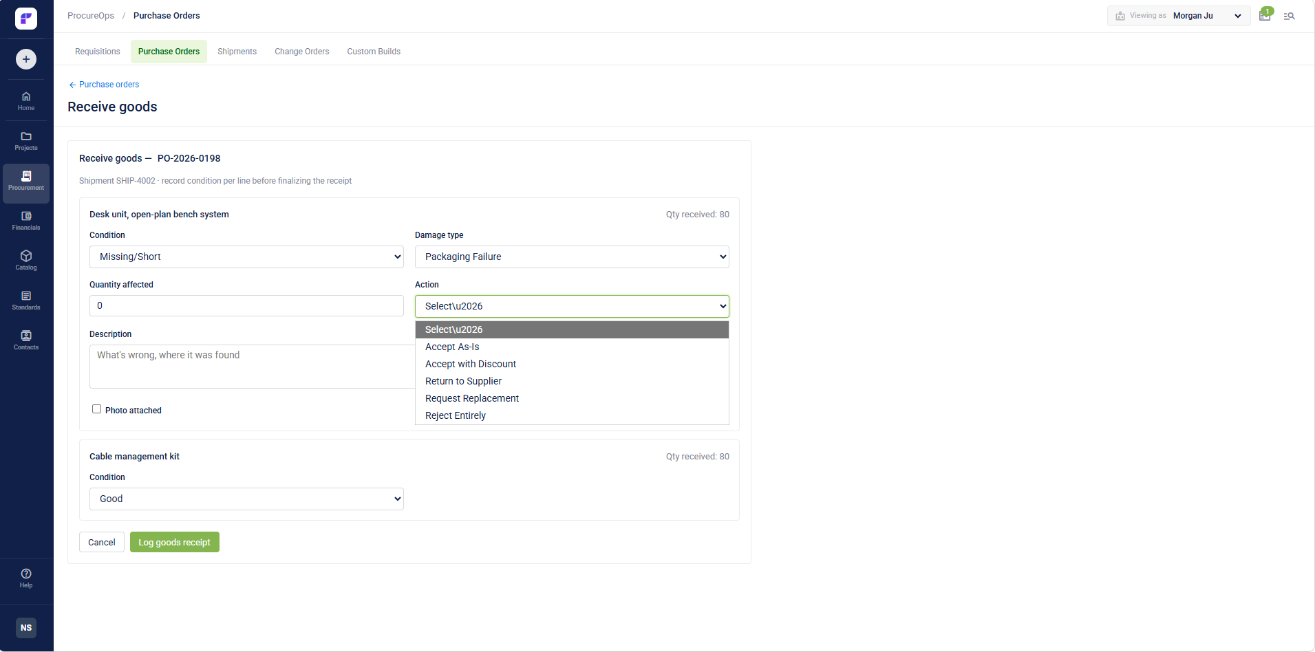 specurate-procurement-purchase orders-receive goods-action dropdown-packaging failure