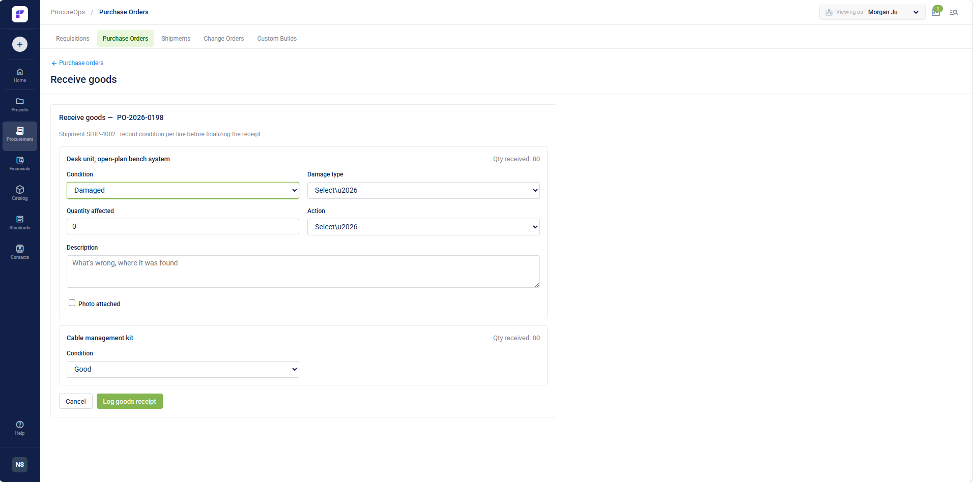 specurate-procurement-purchase orders-receive goods-damage details
