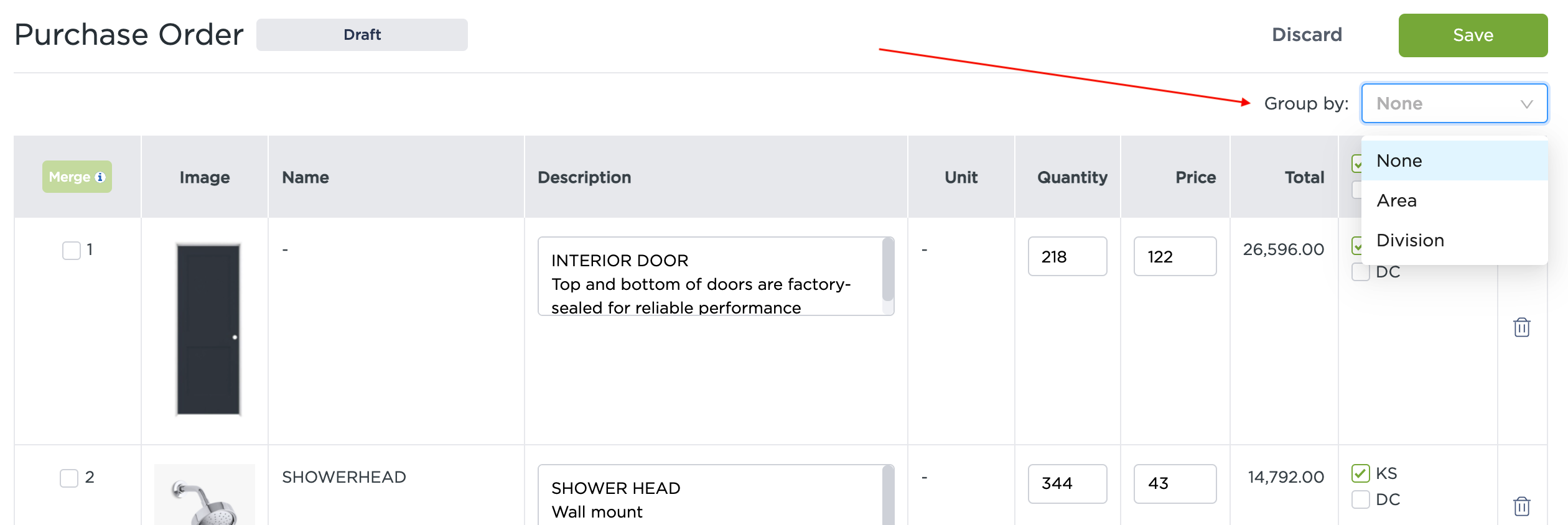 Organize items in client invoices, proposals, and purchase orders