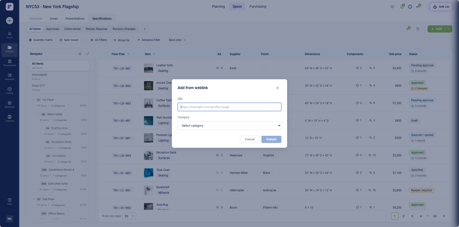 Adding an item via Import from Weblink in Specurate